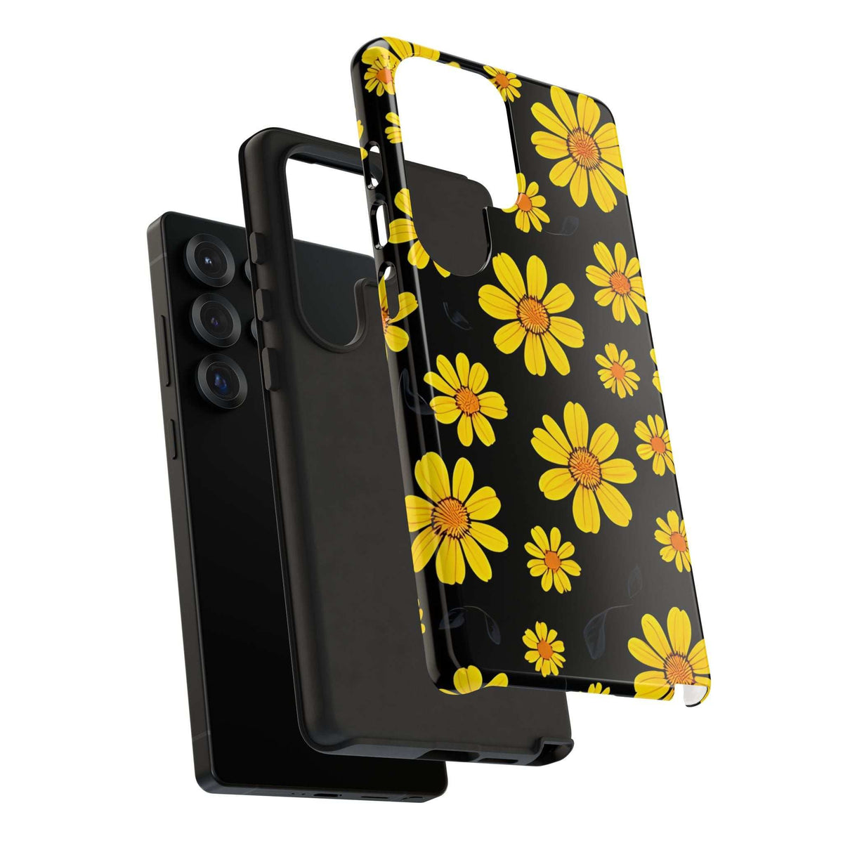 Black phone case with yellow daisy floral pattern, with raised edge around screen