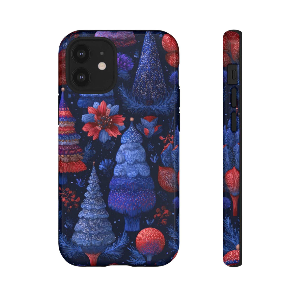 Glossy phone case back and side view; blue pine scene with red berries and camera openings.