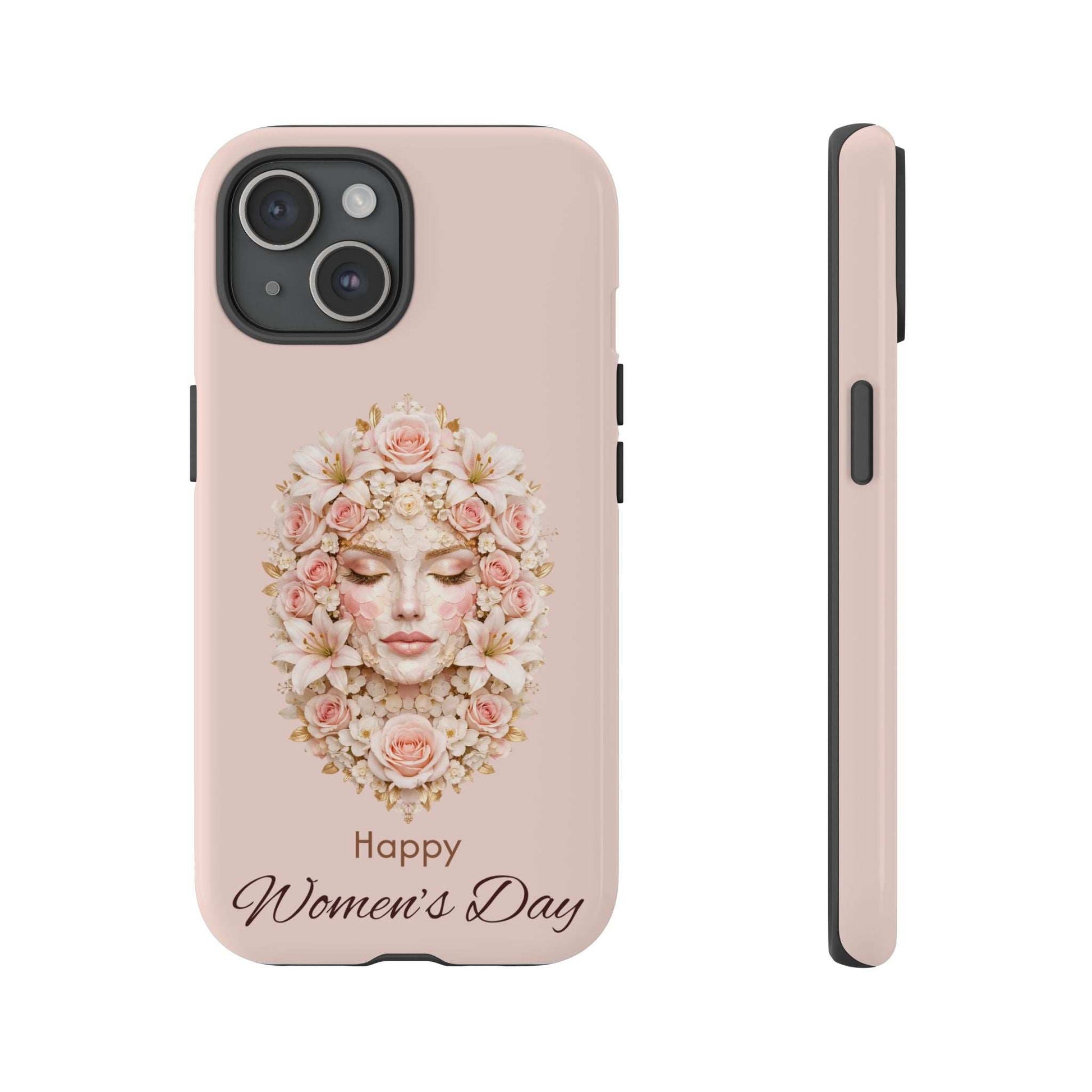 Light pink phone case with floral woman face graphic and 'Happy Women's Day' text; dual-lens cutout