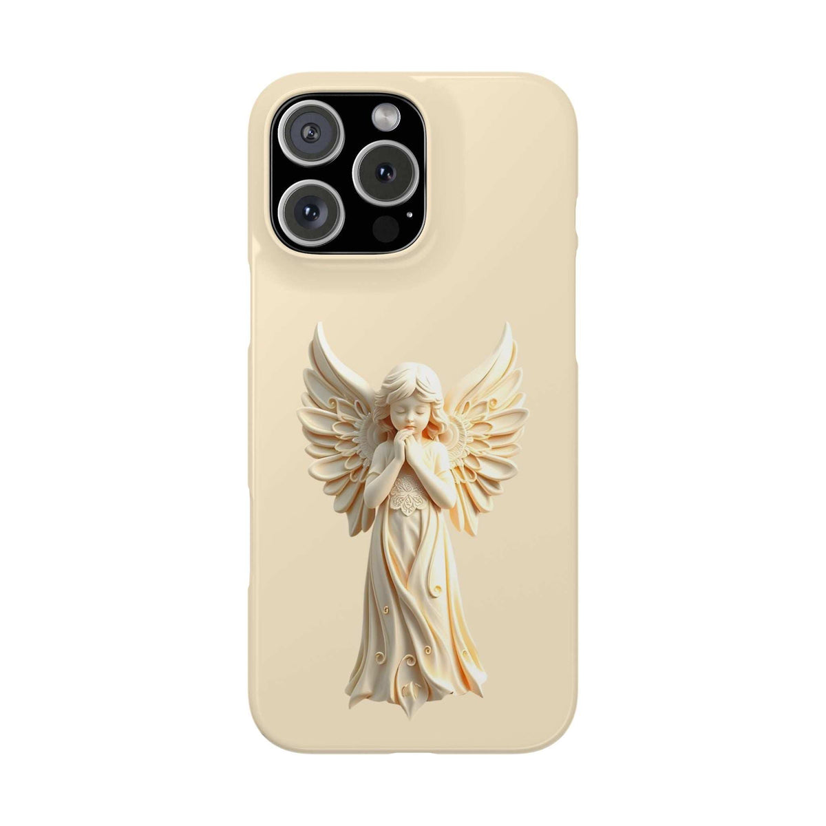Beige phone case with 3D angel figure and wings, quad camera cutout at top left