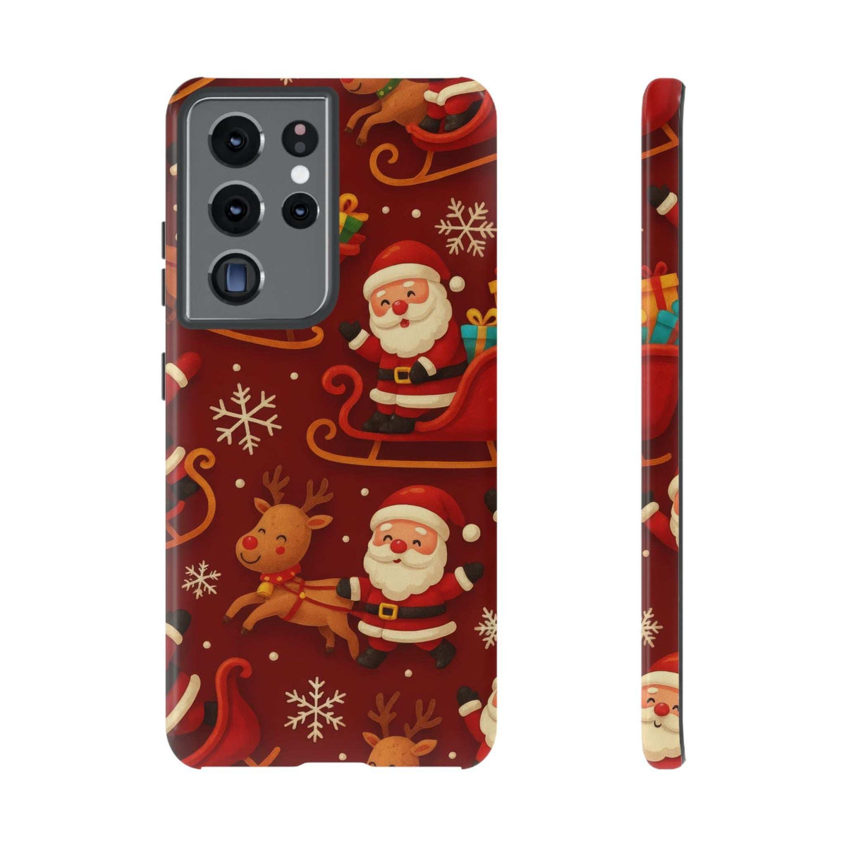 Glossy red Santa sleigh ride phone case with Santa and reindeer; winter holiday swirl pattern.