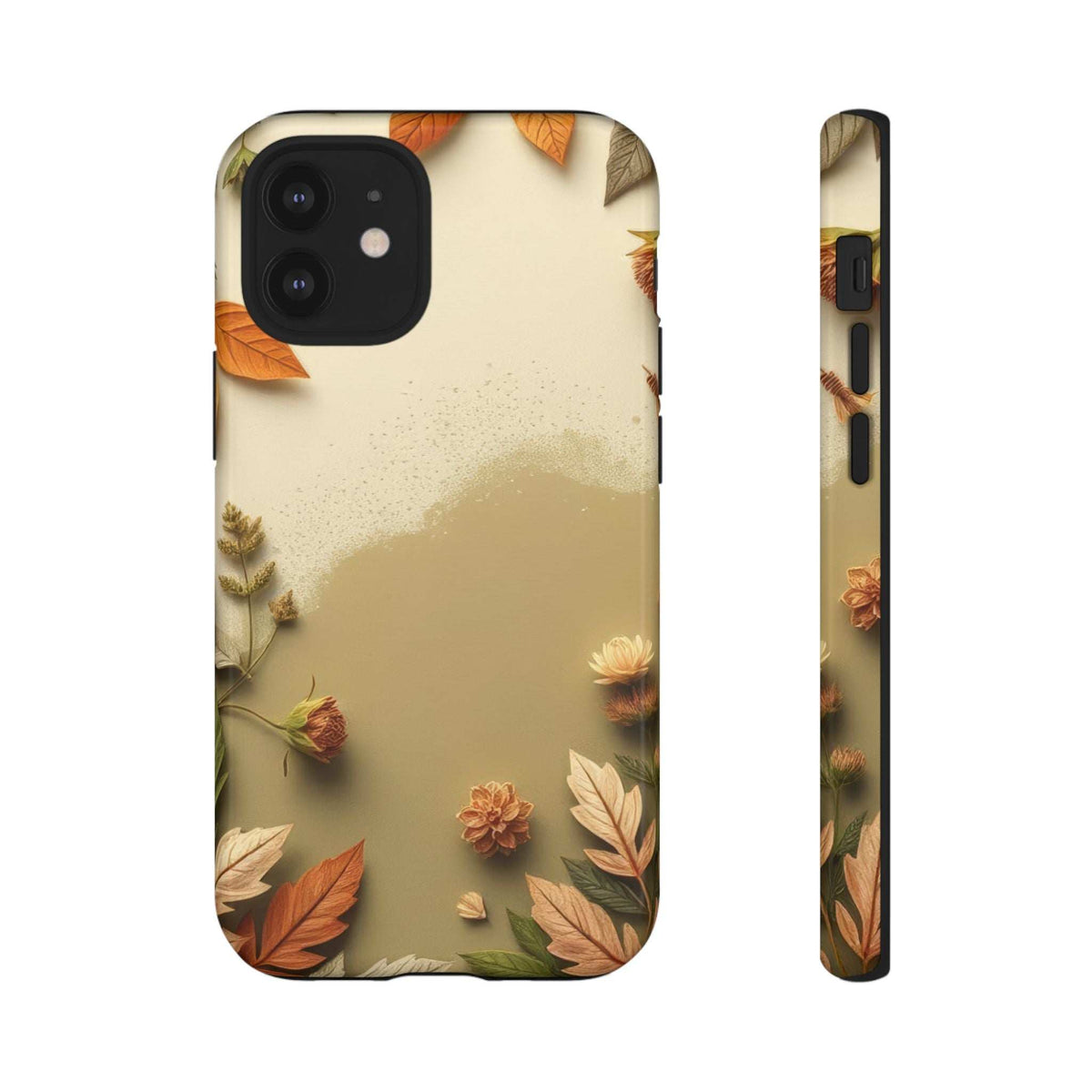 Beige autumn leaves phone case with floral pattern on front and side edge view.