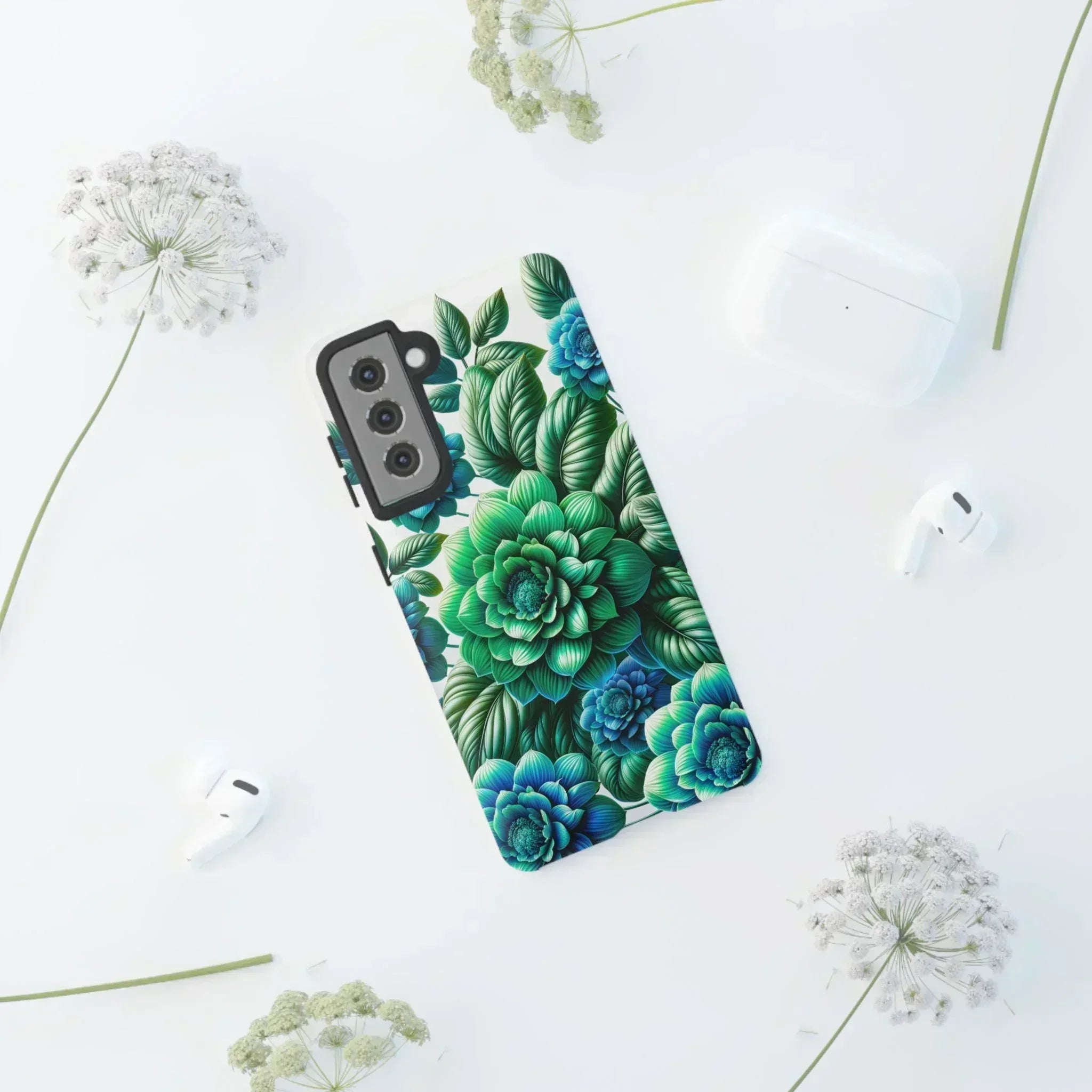 Green and Blue Floral Phone Case for Galaxy S10-S25 - KARARMDESIGN