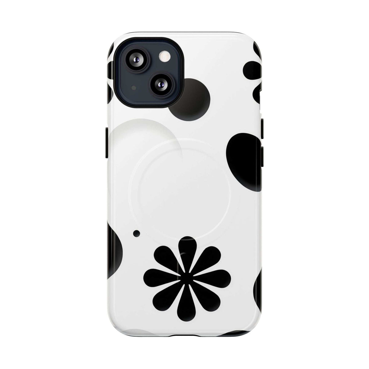 White phone case with black flower and petal shapes, camera cutout, magnetic tab