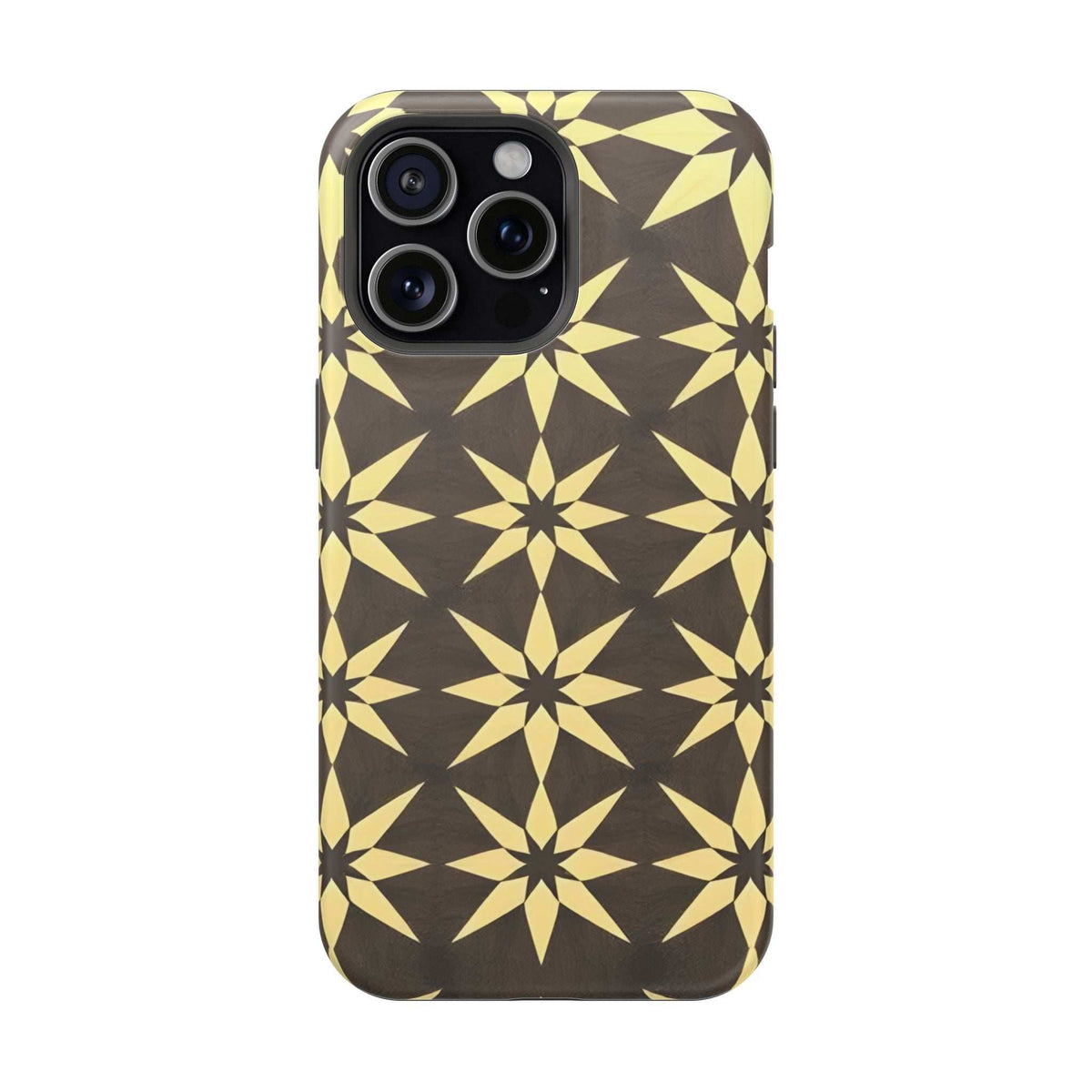 Black and gold star geometric phone case, triple camera and sensor openings