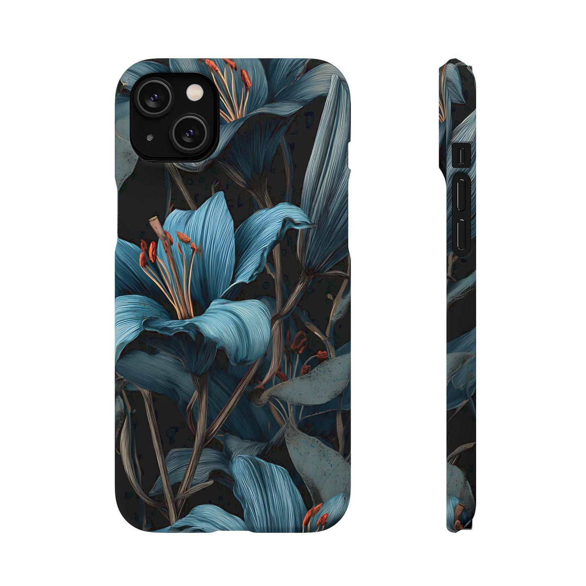 Blue lily floral phone case, back view with camera cutouts and button openings