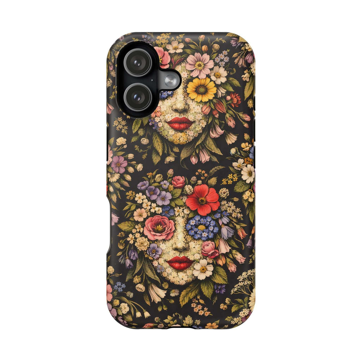 Black floral face phone case with red lips, colorful bouquet pattern, triple camera cutouts