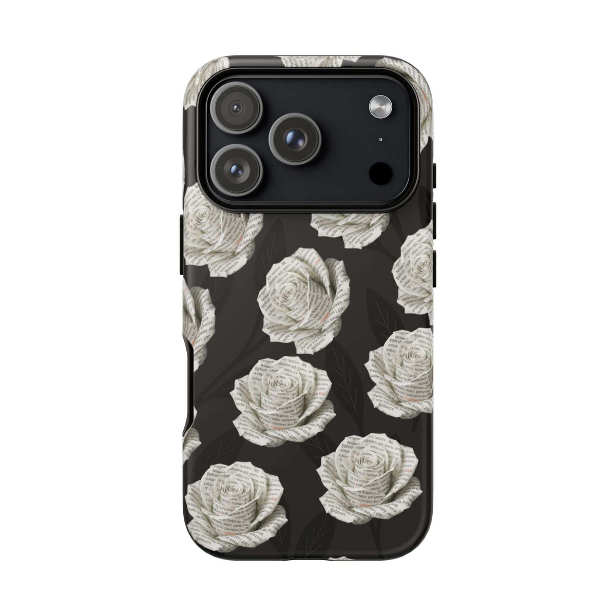 Black phone case with white rose pattern, cutouts for camera and flash.