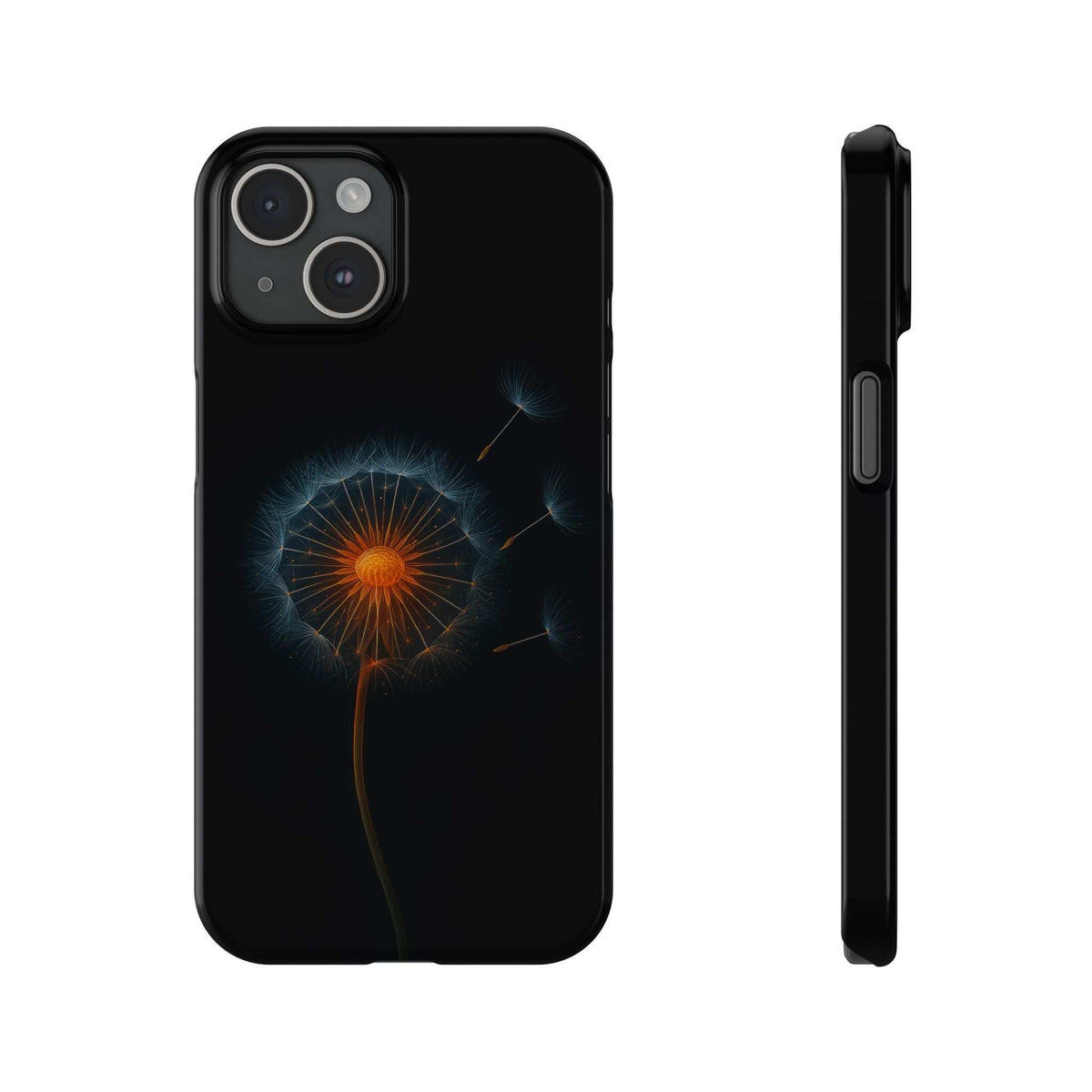 Black phone case with glowing dandelion artwork; visible camera module cutout