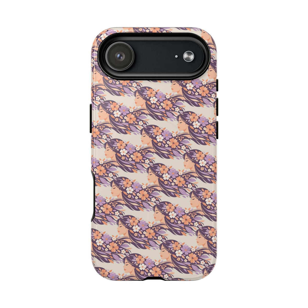 Floral phone case side view with long camera cutout and blossom pattern, light background