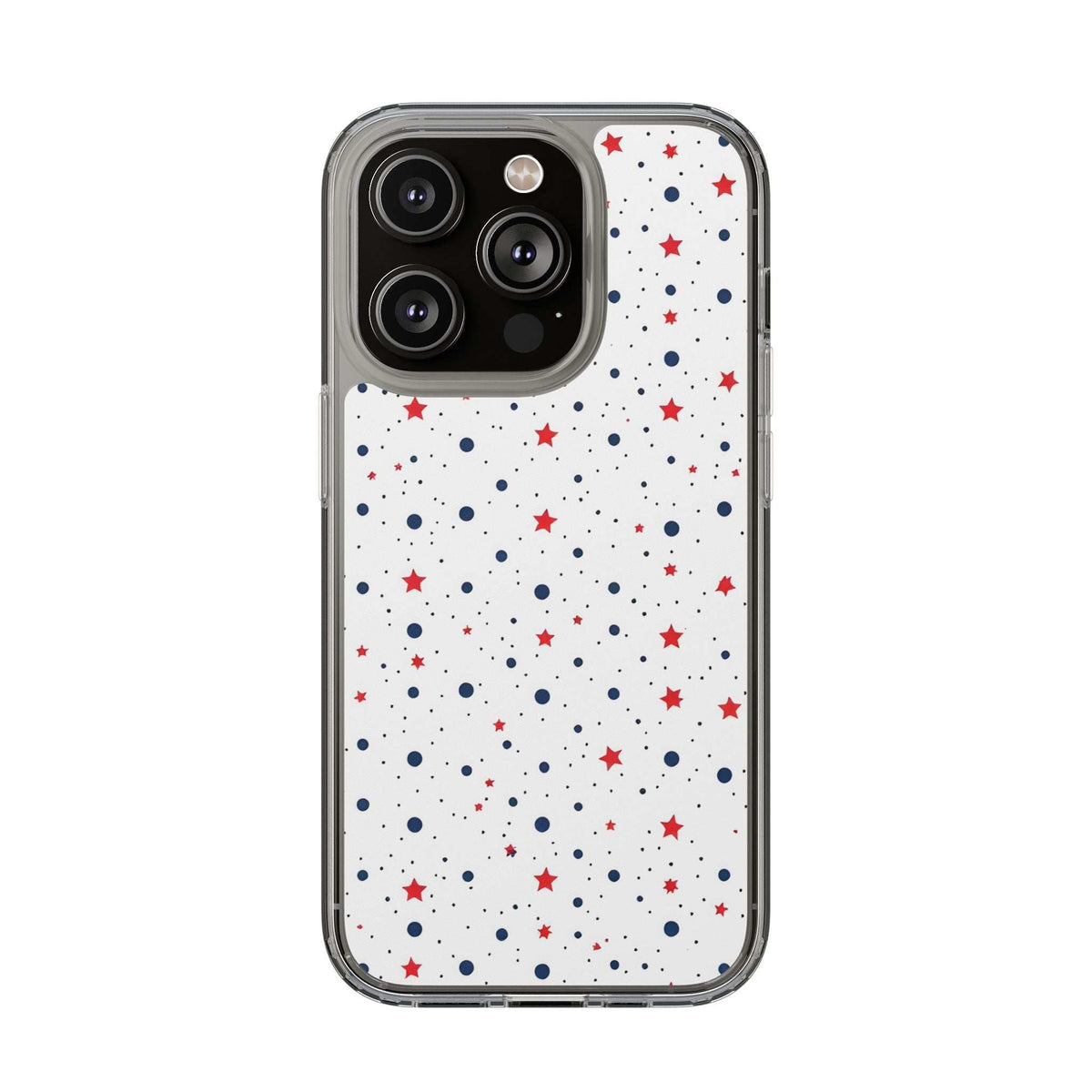 Clear phone case with white background, red stars and blue polka dots; camera lens cutout