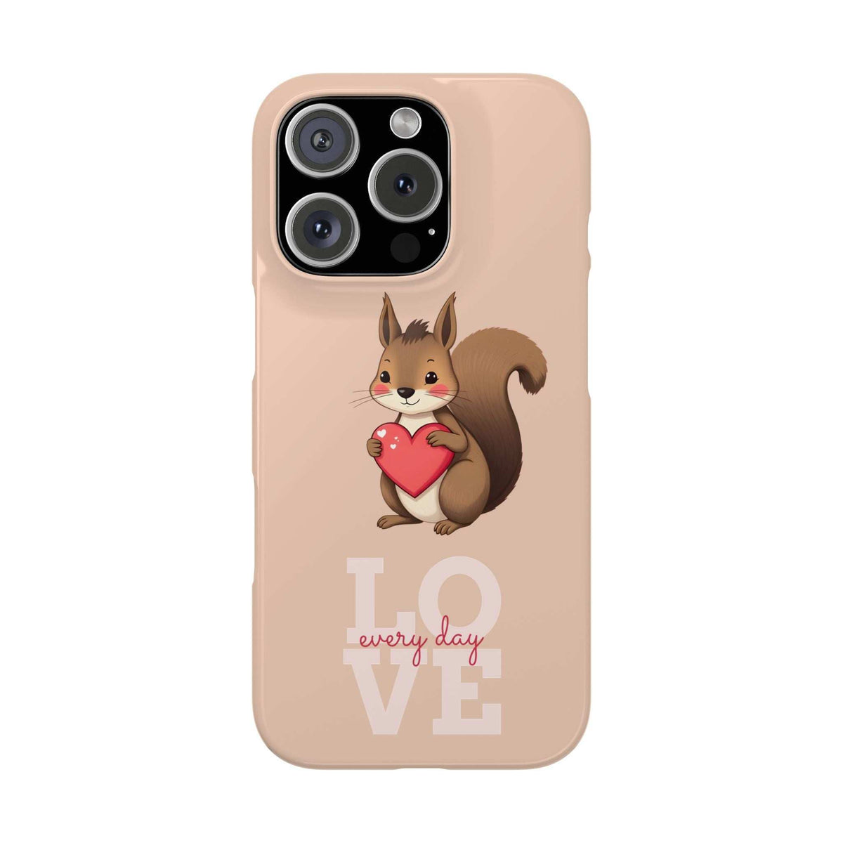 Beige phone case with squirrel holding a red heart; dual camera cutouts with LOVE text.