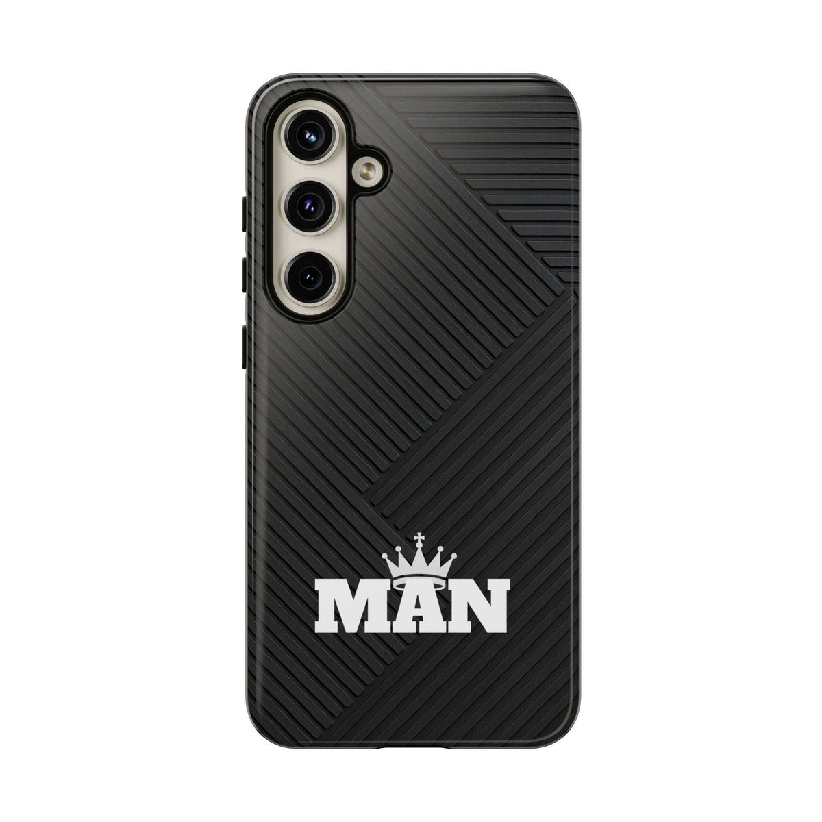 Black phone case with MAN logo, ribbed diagonal pattern, protective camera openings