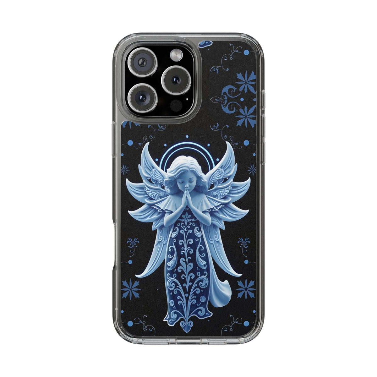 Clear phone case with blue angel praying artwork, swirls, and decorative accents