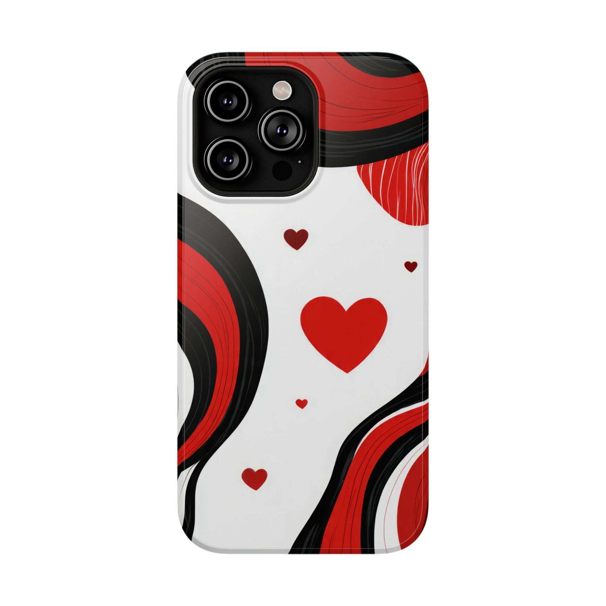 Glossy phone case with red hearts and ribbon-like black/red swirls, white background, camera cutout