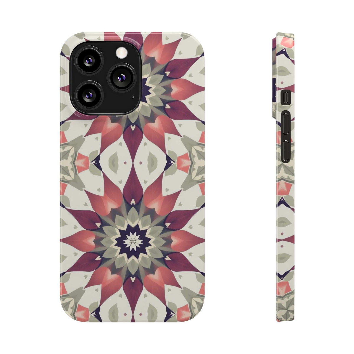 iPhone phone case front view with burgundy, cream, and navy mandala pattern