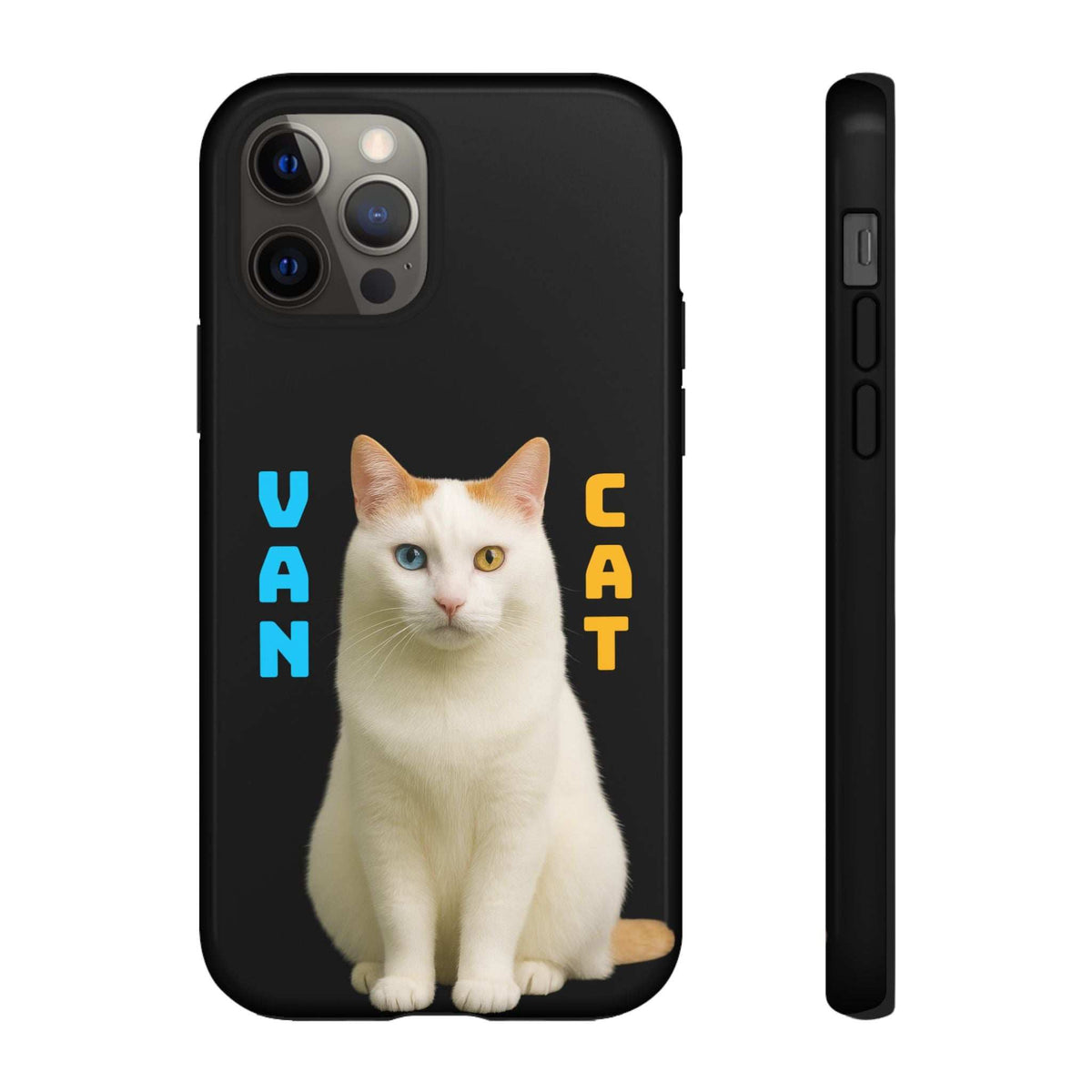 Black glossy phone case featuring white cat graphic and camera module openings