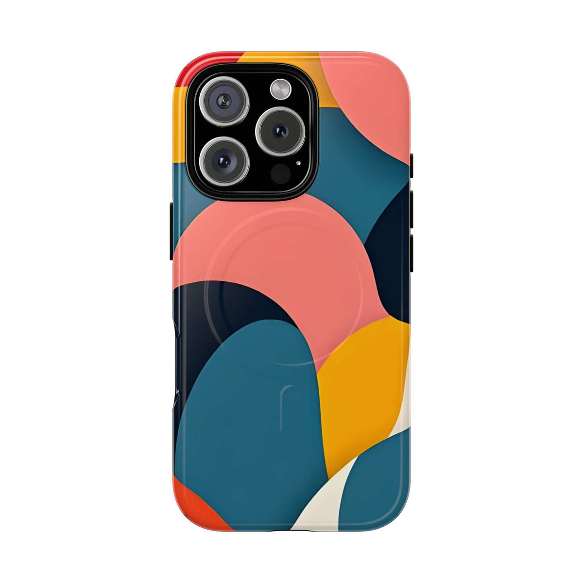 Colorful abstract iPhone phone case with teal wave, coral circle, yellow area and triple camera cutout