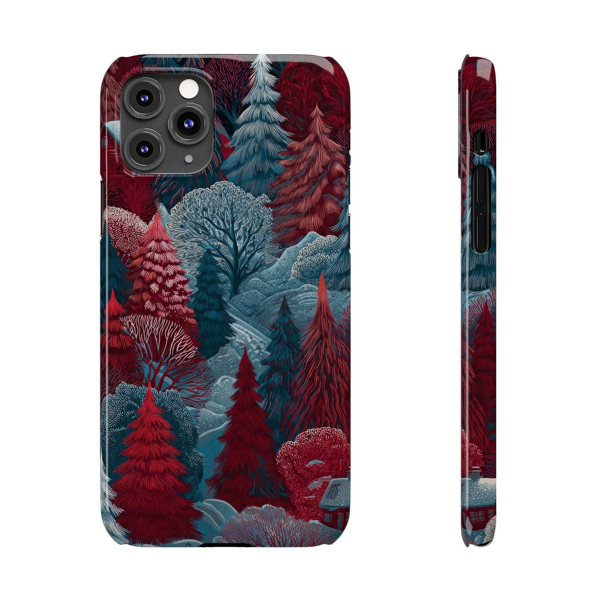 Phone case front and side view with winter forest graphic in red and blue tones