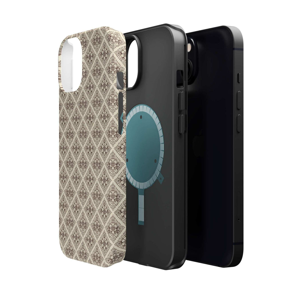 Beige patterned phone case with blue oval design, angled back view with camera cutout