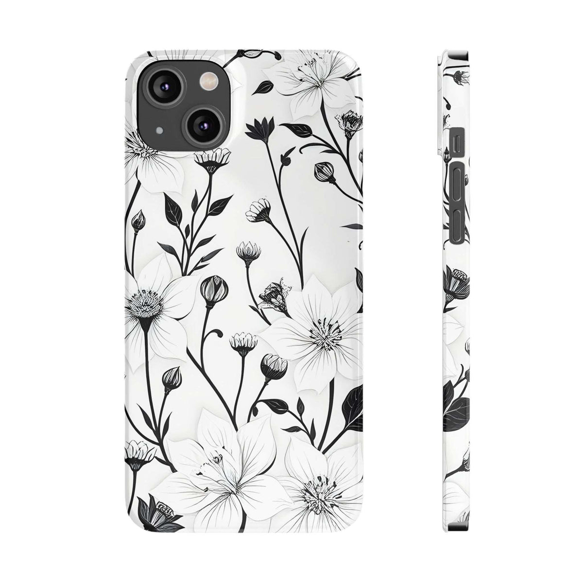 Monochrome bloom floral phone case with black botanical lines on white; slim side profile