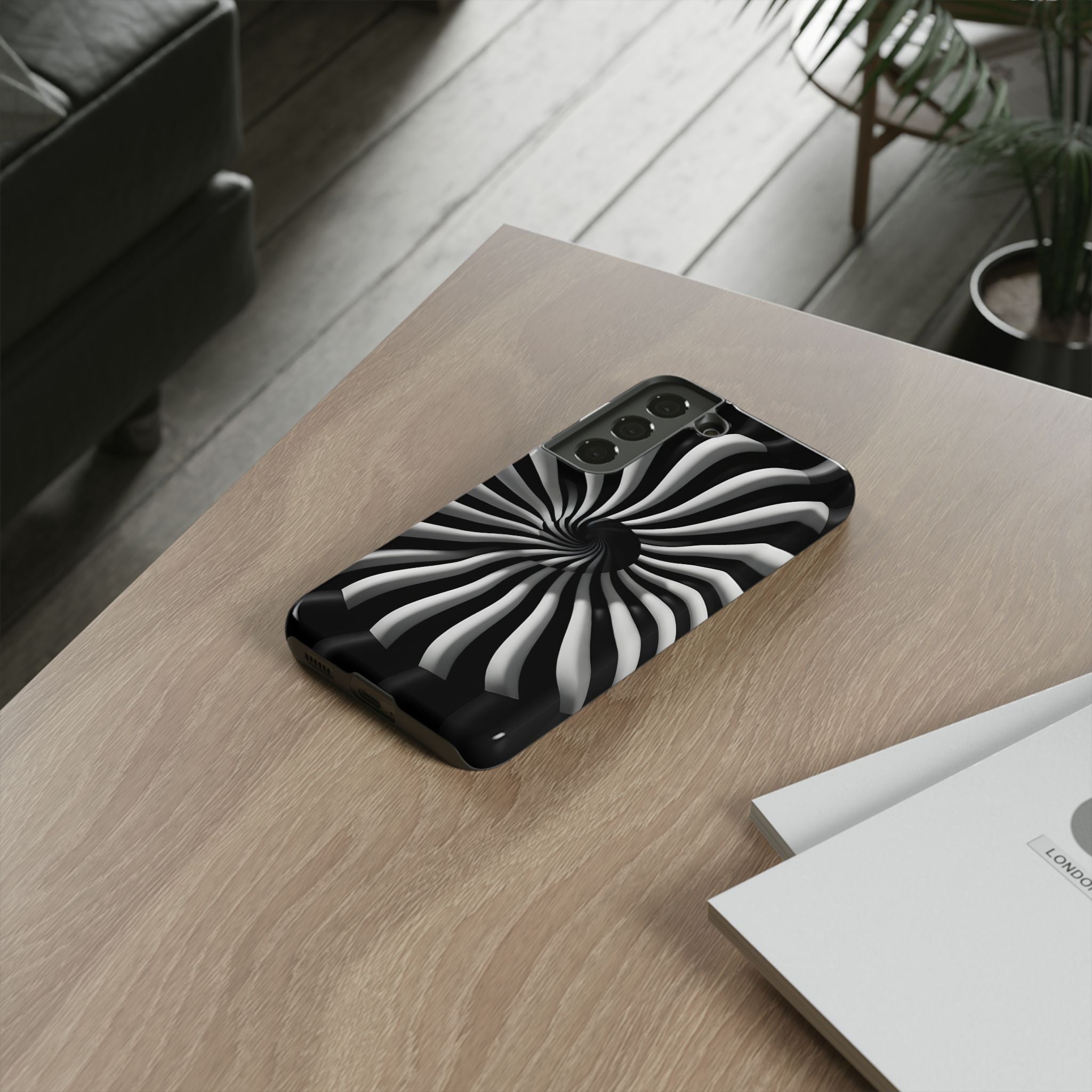 Hypnotic Black and White Spiral Phone Case – Optical Illusion Design for iPhone & Galaxy