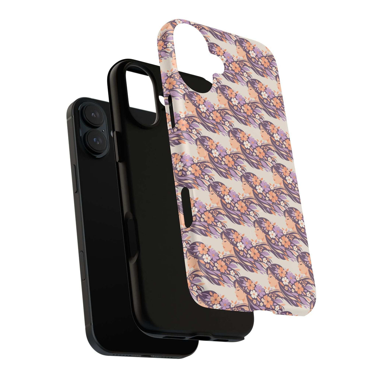 Floral iPhone 13-17 phone case viewed from back and side, pastel floral pattern