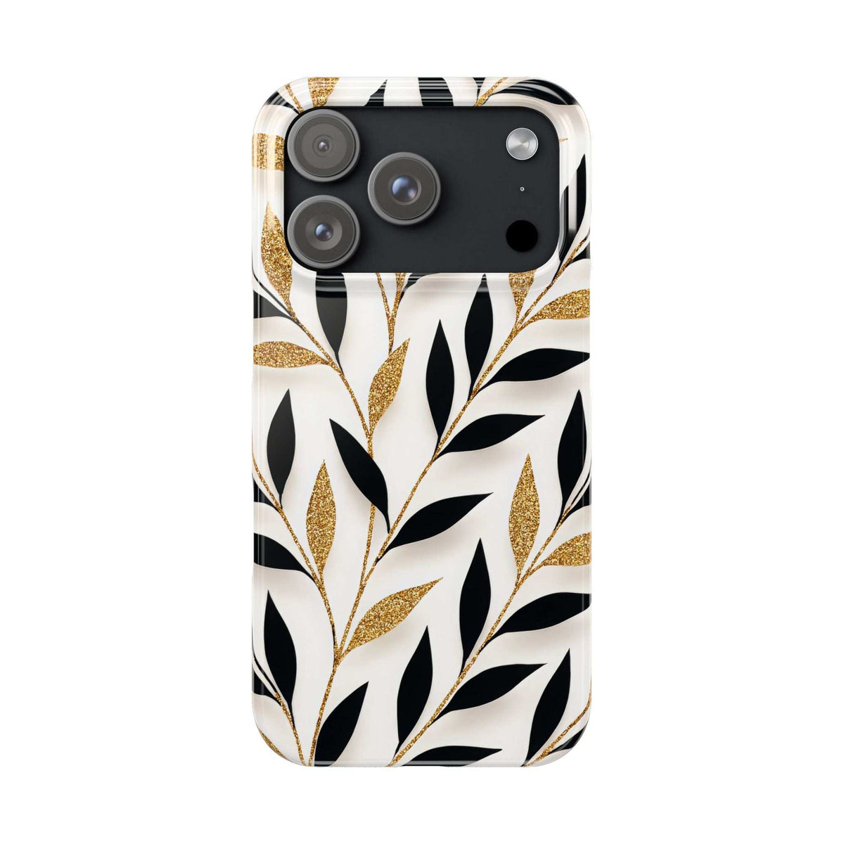 Phone case close-up showing camera openings and gold-and-black botanical pattern