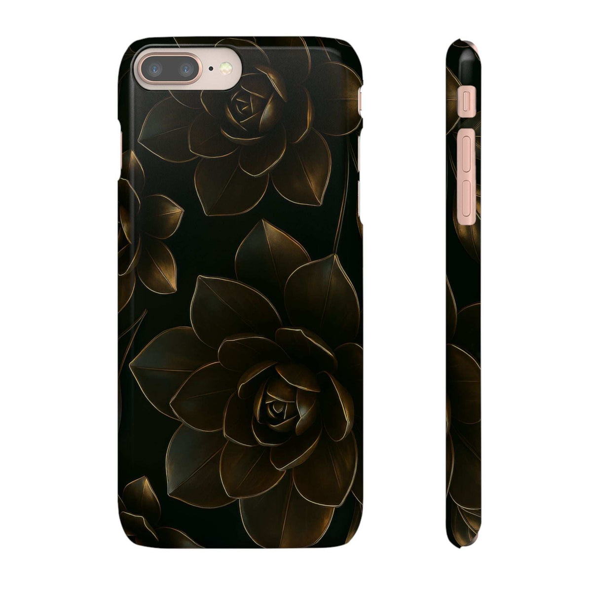 Black glossy phone case with gold rose and leaves; side profile shows button cutouts