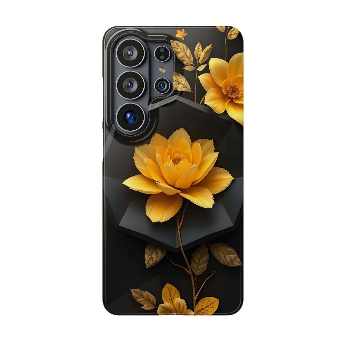 Dark phone case with yellow peony-like flower, gold leaves, and multi-lens camera cutouts.