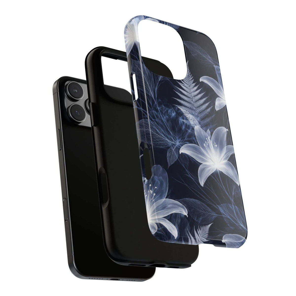 Phone case with white flower and leaf art on dark blue, camera cutout visible