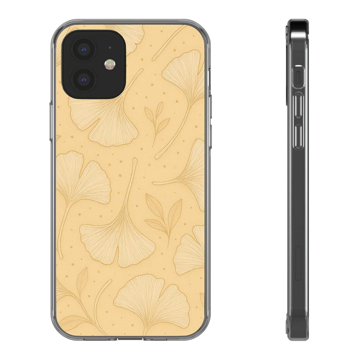 Tan ginkgo floral phone case front view with protective camera opening and clear border