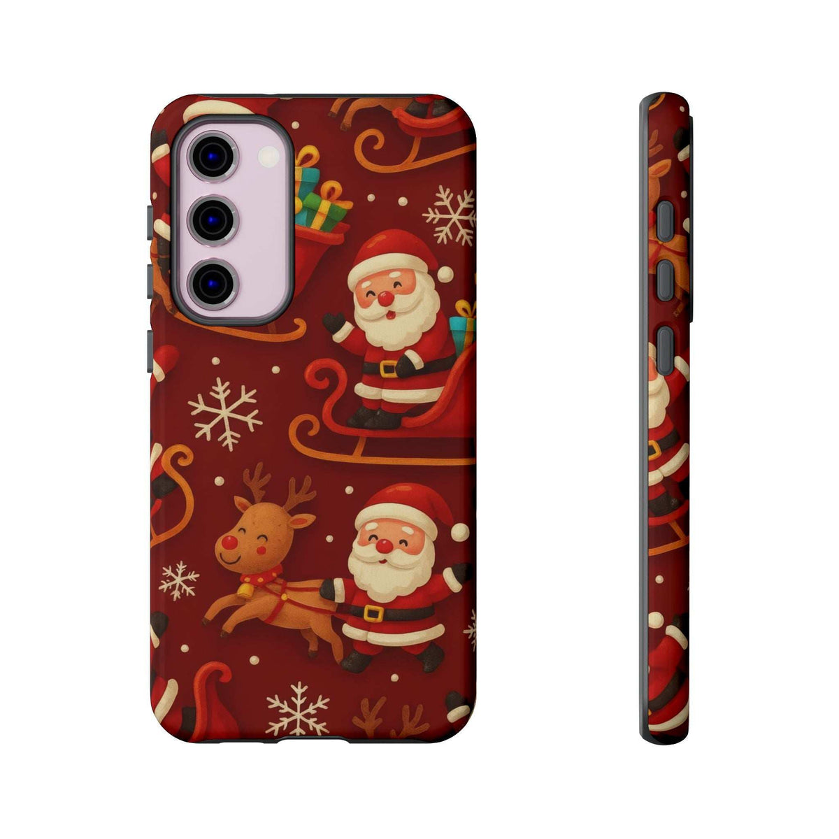 Santa and reindeer sleigh phone case with snowflake motifs, glossy finish, slim side view