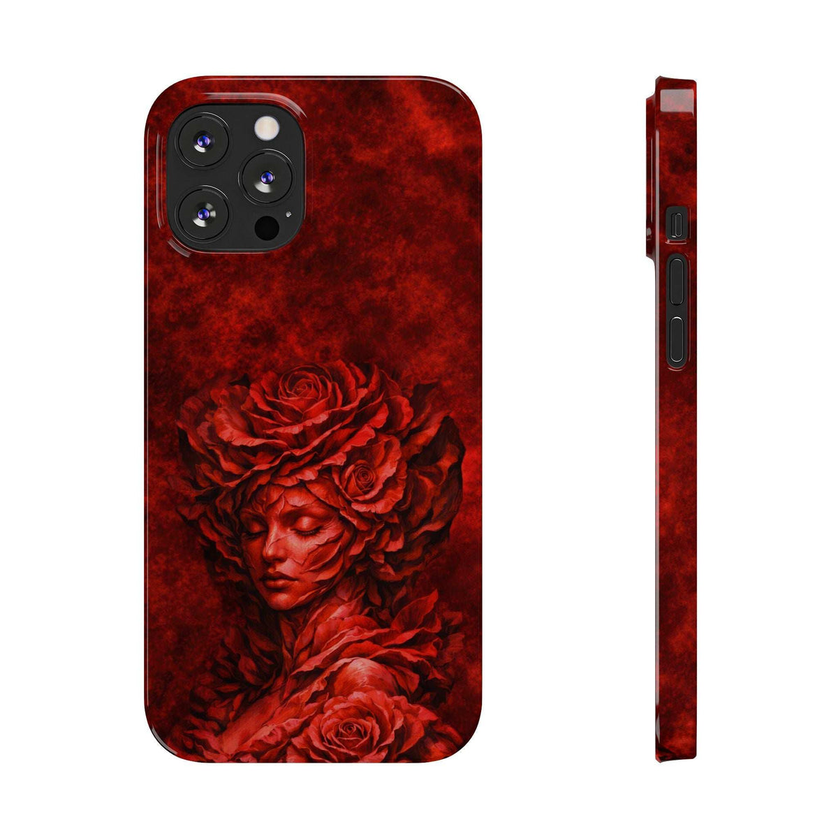 Slim phone case with red rose and woman face artwork, raised camera cutouts.