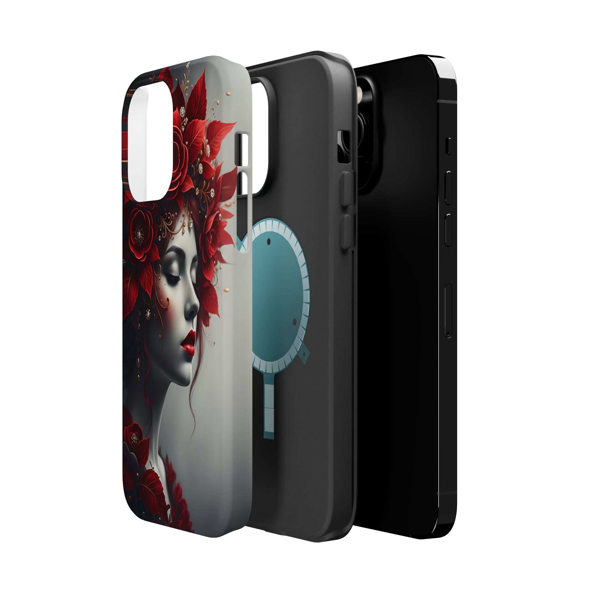 Phone case portrait artwork with red floral face design, showing side buttons and camera