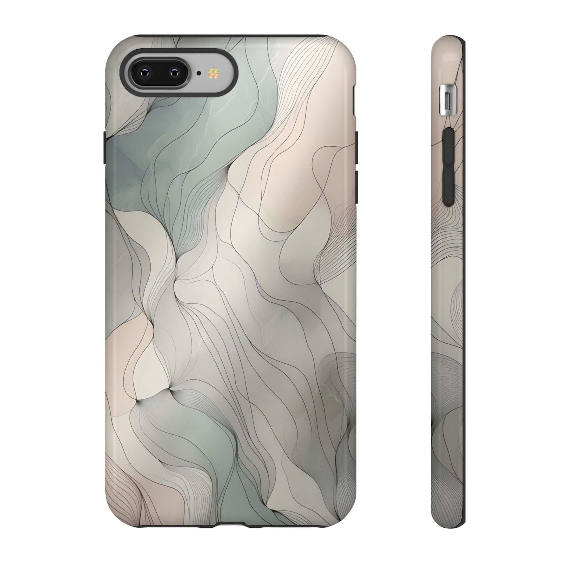 Pastel wave phone case back view with camera cutouts; wavy pastel line design.