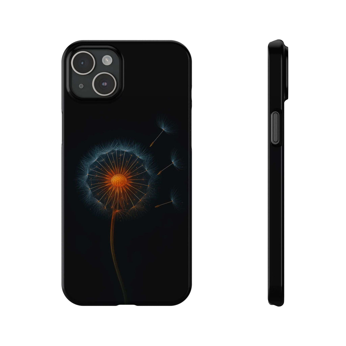 Black phone case with glowing dandelion graphic; side profile shows raised edges