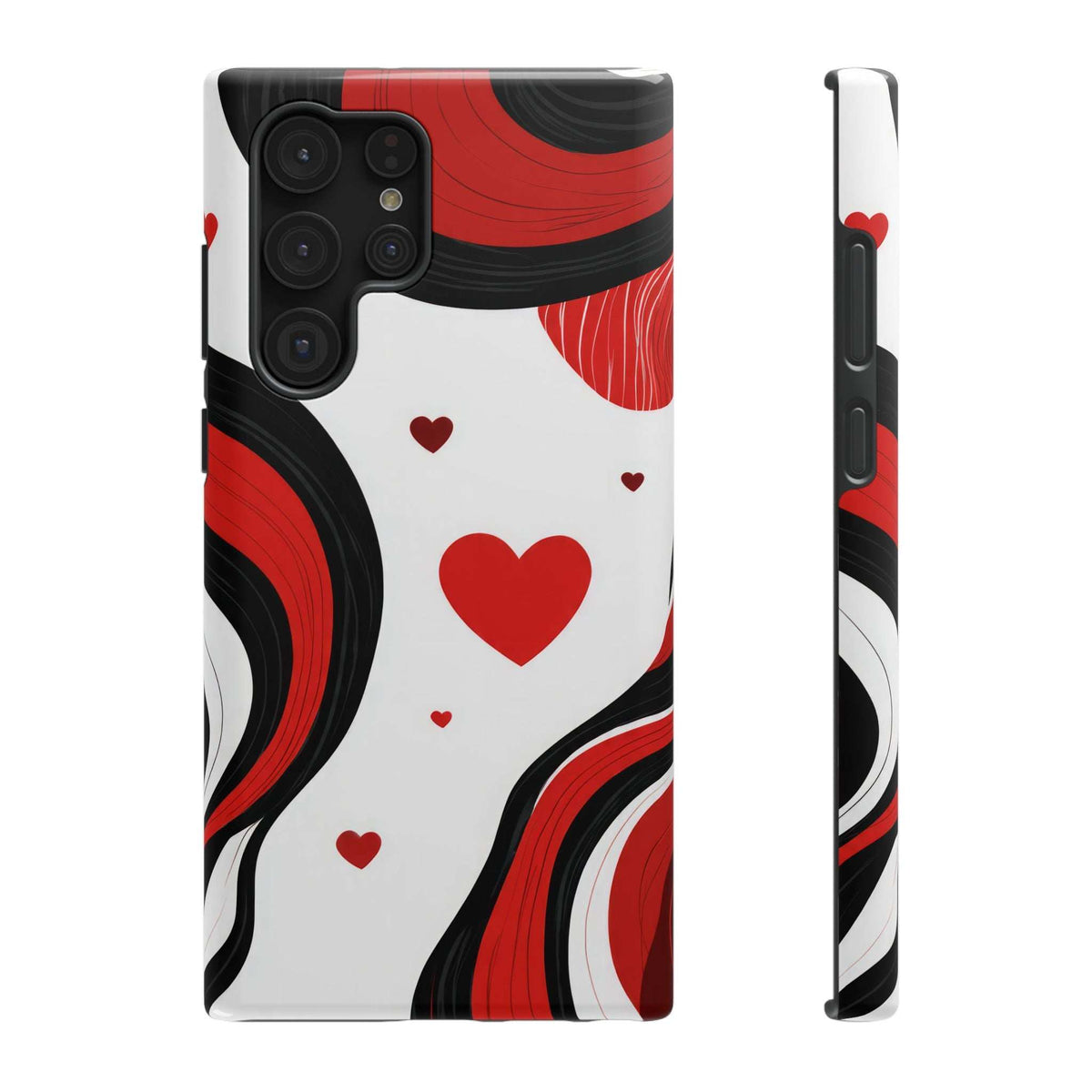 Glossy phone case with red heart and swirl pattern, thick protective corners