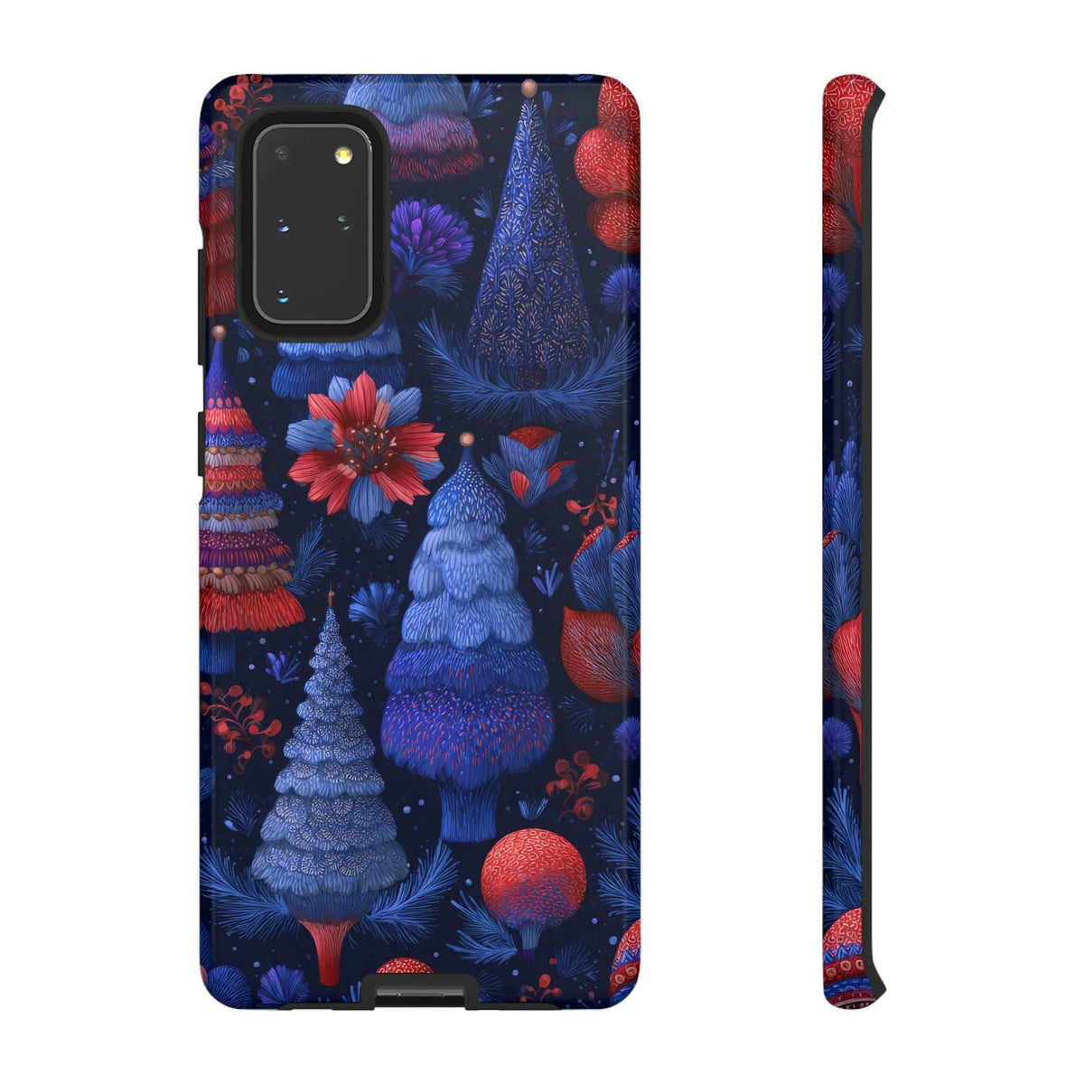 Glossy phone case with midnight blue trees, red flowers, and hanging red ornaments.