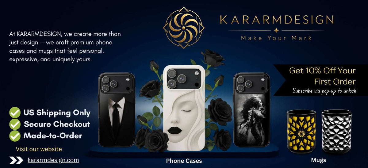 KARARMDESIGN mobile promotional banner showcasing custom printed phone cases and ceramic mugs on a dark background.1621243260e1af0c20-2