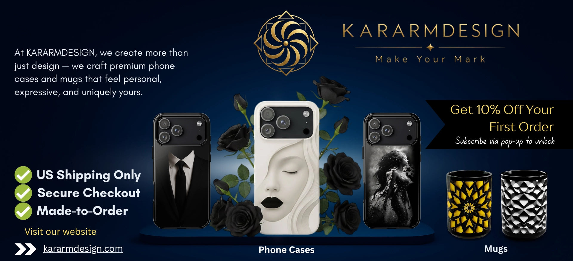 Promotional banner for KARARMDESIGN featuring custom phone cases and ceramic mugs with artistic floral, mandala, and geometric designs. Three protective phone cases and two black mugs are displayed on a dark navy background with roses and the KARARMDESIGN logo.1621243260e1af0c20-2